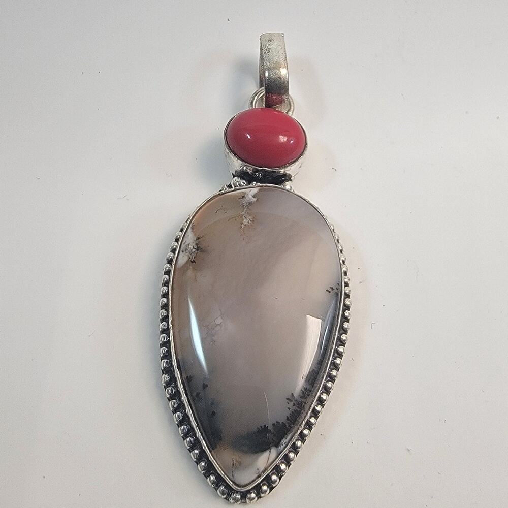 Necklace Pendants Dendritic Agate Red Coral Handmade Jewelry in Silver Setting